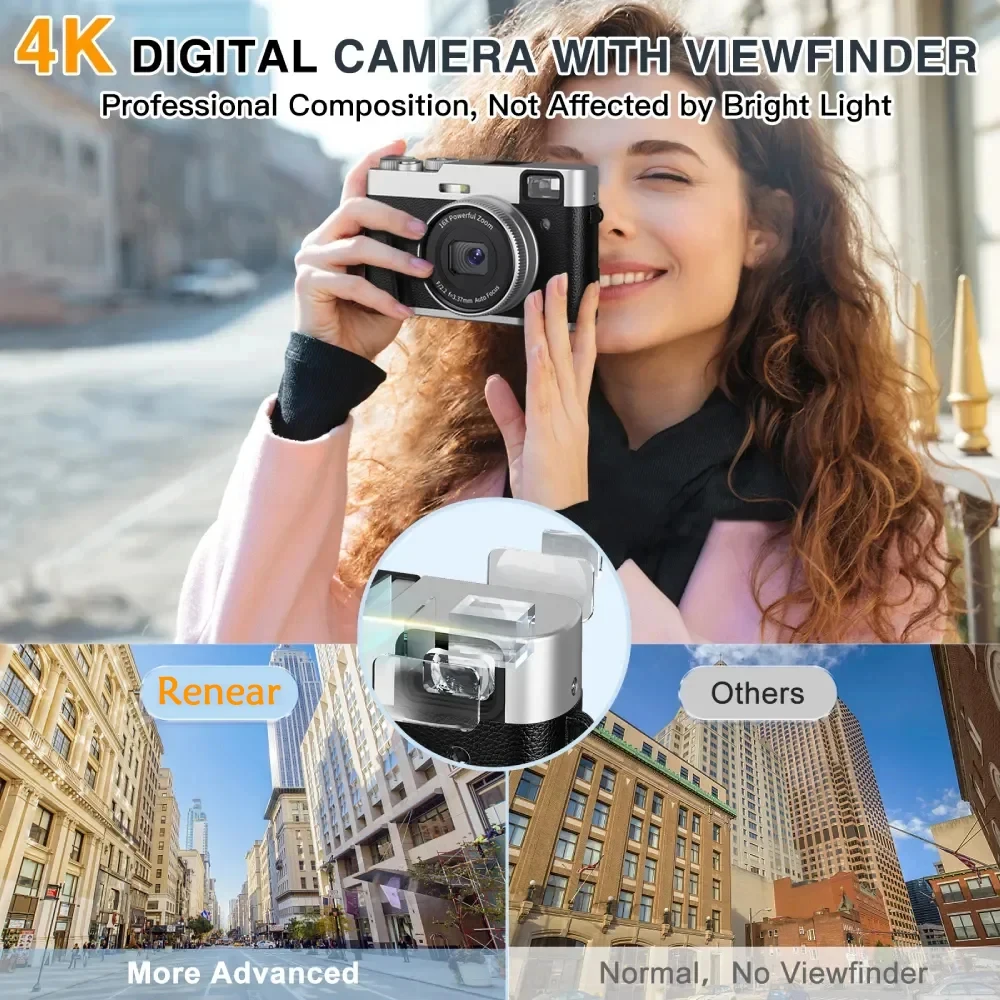 4K HD Digital Camera Auto Focus 48MP Vlogging Shooting Viewfinder Electronic Anti-Shake Micro-Single SLR Camera with Flash &Dial