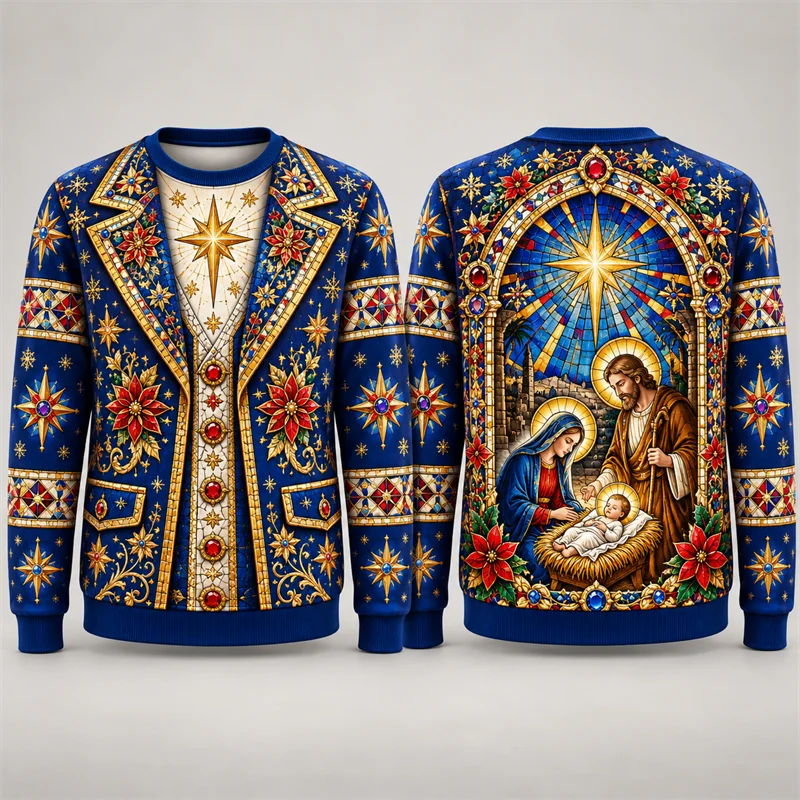 Christmas Faux Jacket Sweatshirt Men Candy Cane Sailing Ship Camper Nativity Chess Print Crewneck Long Sleeve Holiday Pullover