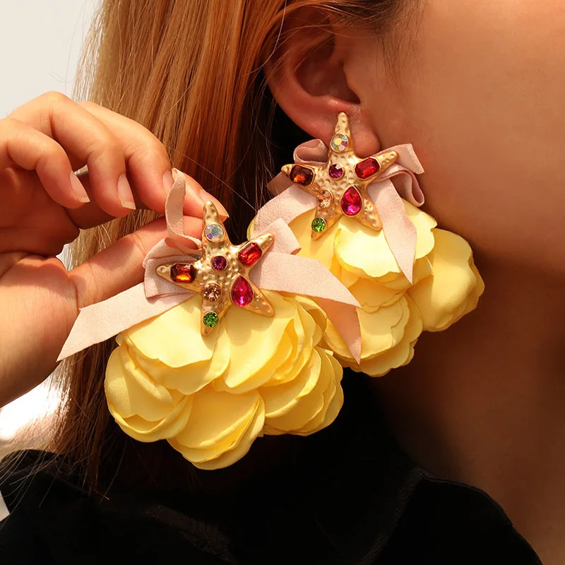 

Exaggerated Women's Handmade Fabric Flower Starfish Earrings