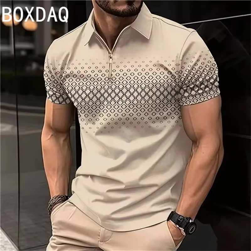 Vintage 3D Gradient Letter Printed Polo Shirt Men Golf Sport Shirt Big Size Short Sleeve With Zipper Casual Polo Shirt