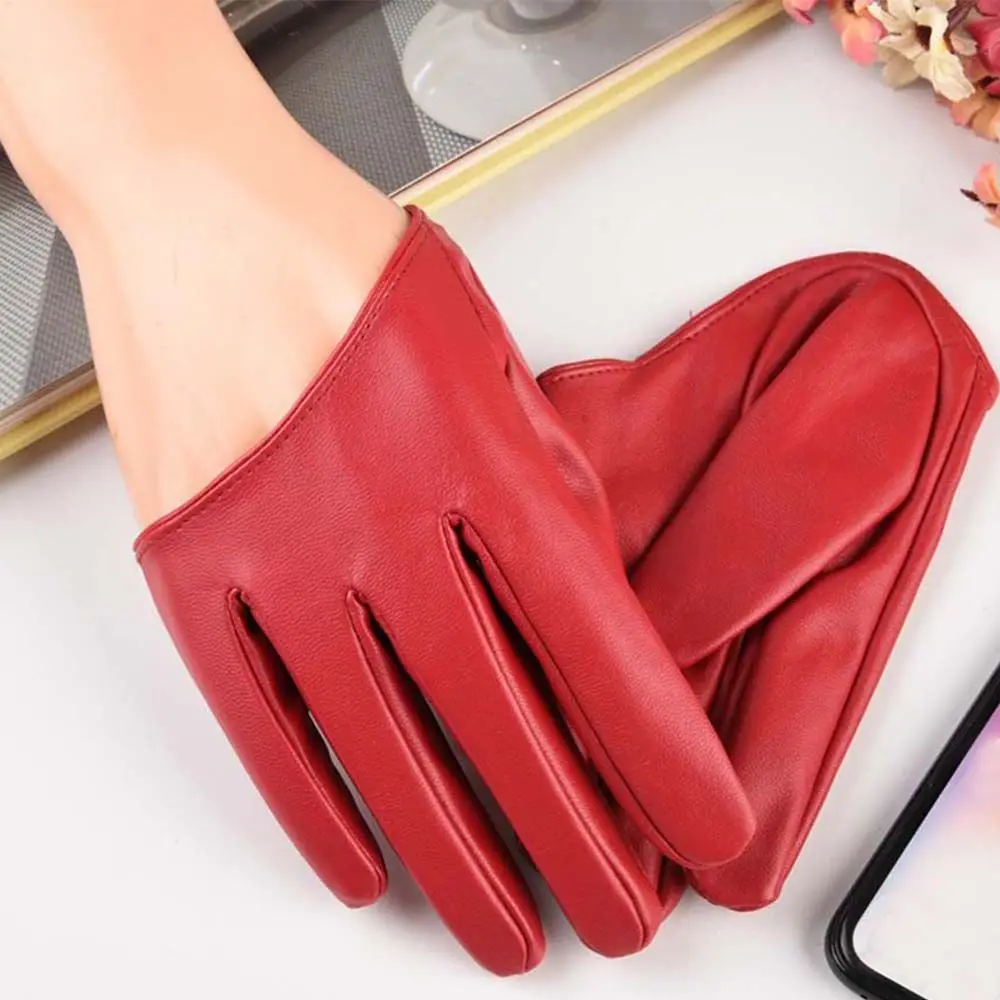 

Gold Sliver Female Lady Faux Leather Solid Color Leather Gloves Five Finger Mitten Half Palm Gloves Women Mitts