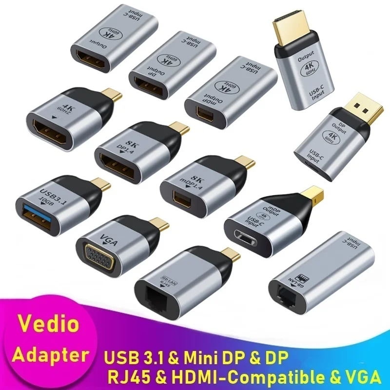 

USB Type C Adapter Male to USB/HDMI-compatible/DP/VGA/Mini DP/RJ45 Female 4K/8k 60Hz Vedio Transfer for Laptop Phone Macbook Pro