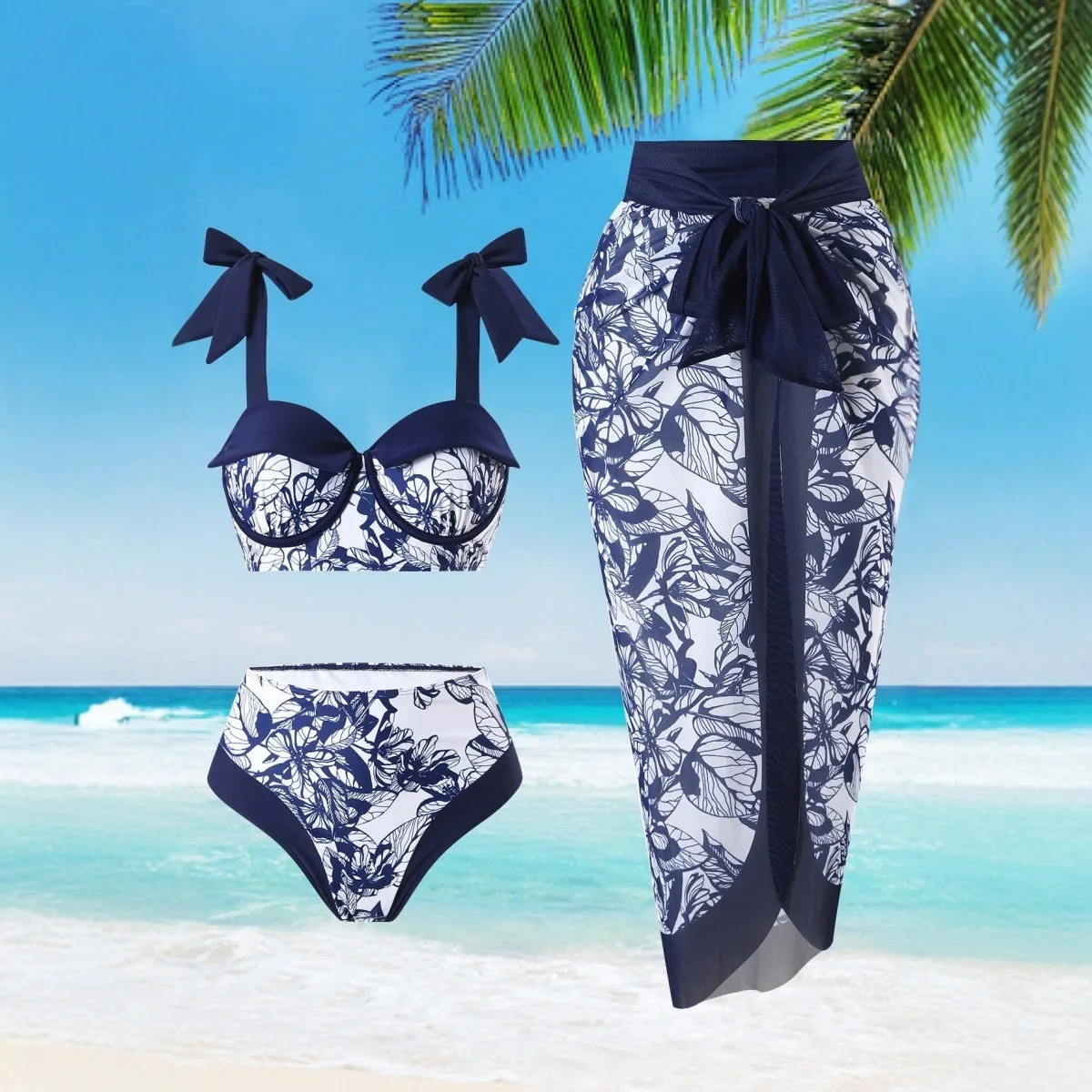 

2025 Woman Plus Size Summer dresses Floral Print Backless Piece Swimsuit Set Sexy High Waist Bikini Matching Beach Pool Cover U