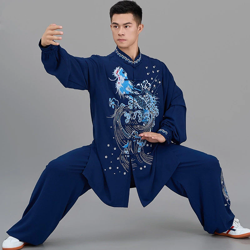 Custom Navy Blue Soaring Dragon Tai Chi Suit, Double Silk Linen Spring/Autumn Practice & Performance Wear