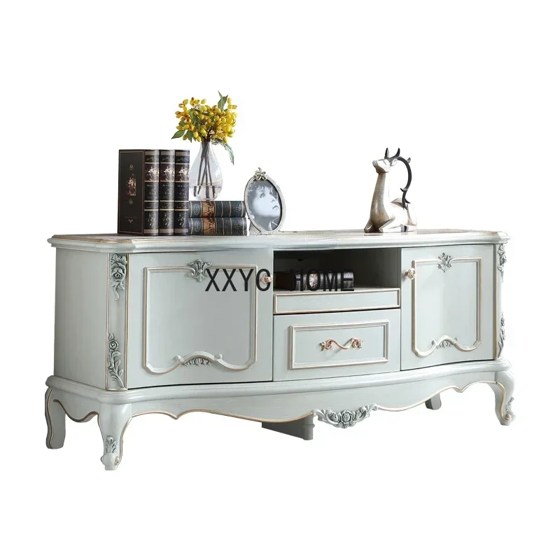 أثاث على الطراز الأوروبي خزانة تلفزيون من الخشب الصلب لغرفة المعيشة شريط سحب مصقول خزانة أرضية متعثرة