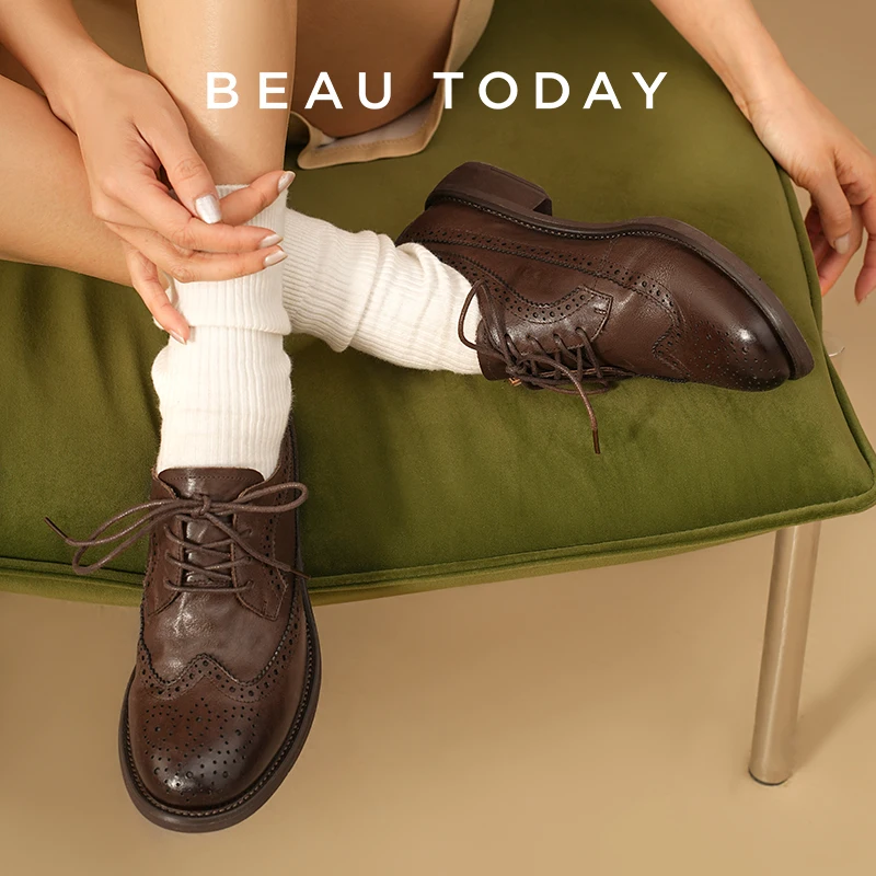 

BEAUTODAY броги дерби, женские туфли из коровьей кожи на шнуровке с круглым носком на плоской подошве, женские деловые модельные туфли ручной работы 21539