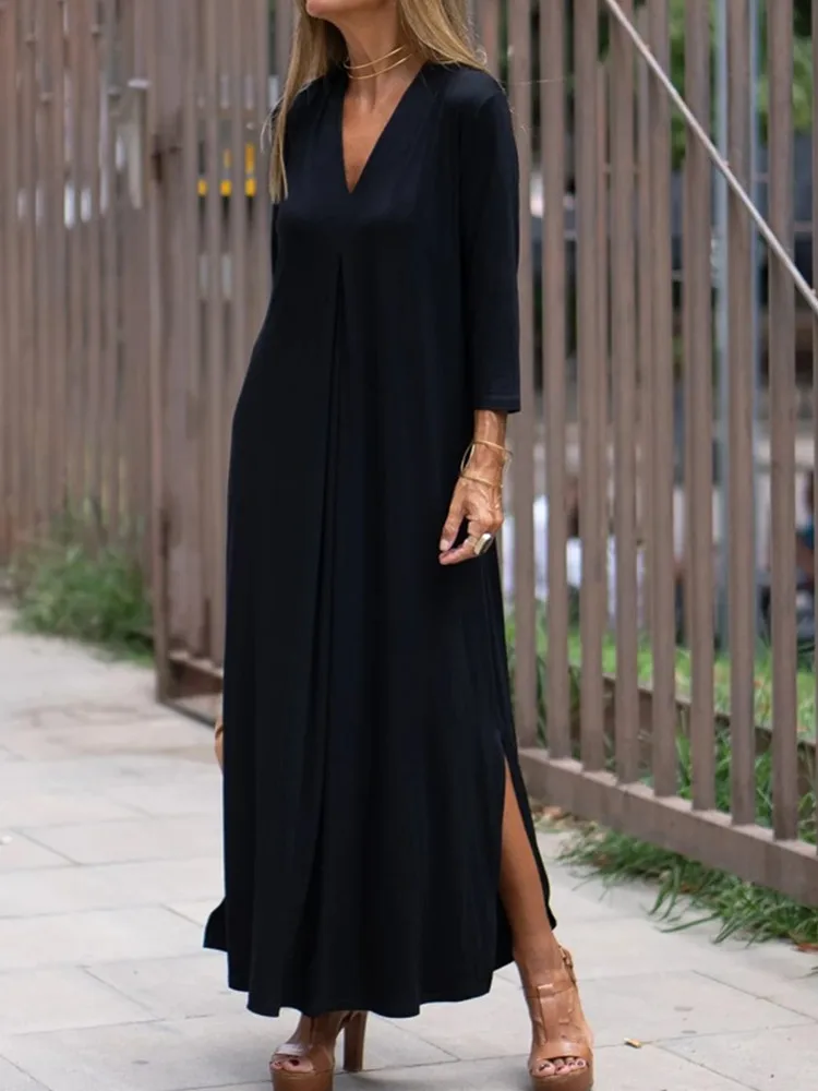 

SKMY 2025 New Fashion Solid Color V-Neck Three-Quarter Sleeve Knitted Long Dresses Summer Clothes Women Loose Split Dress