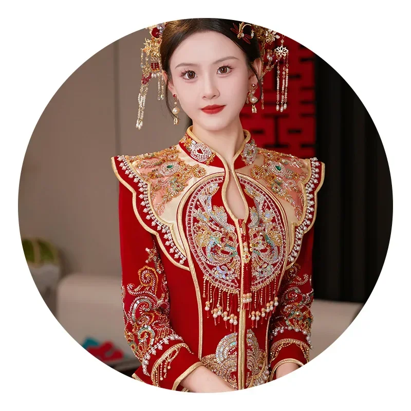 Female Elegant Tassel Cheongsam Dragon Embroidery Chinese Style Gold Wedding Dress Marriage Set Bride Costume Slim Toast Xiuhe