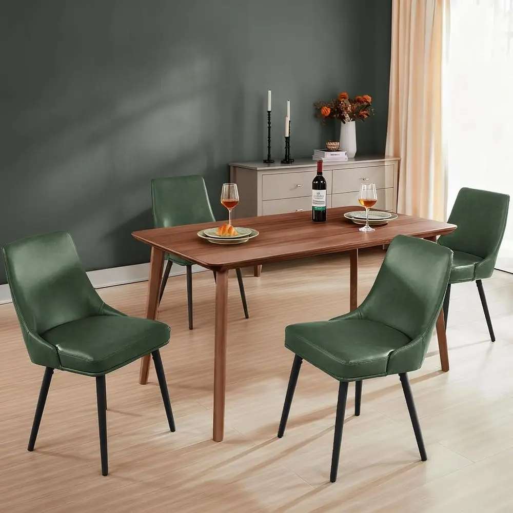Upholstered Dining Chairs Set of 4 with Thick Cushion and Curved Back, Synthetic Leather - Green, Suitable for Dining Room or Ki