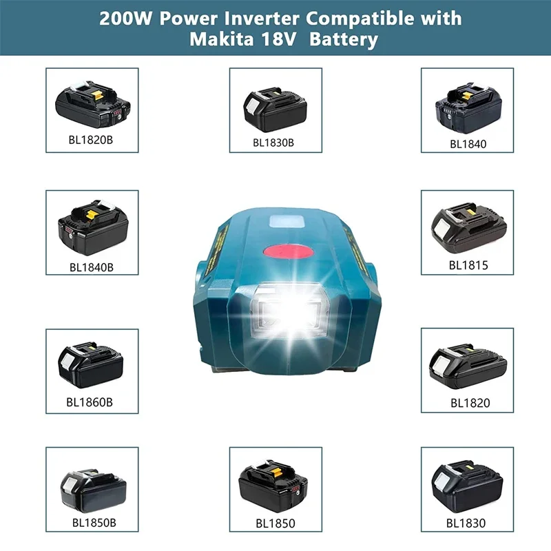 INVERTER di alimentazione portatile da 200w compatibile con i generatori esterni dell\'inverter di alimentazione a batteria Makita 18V con presa ca