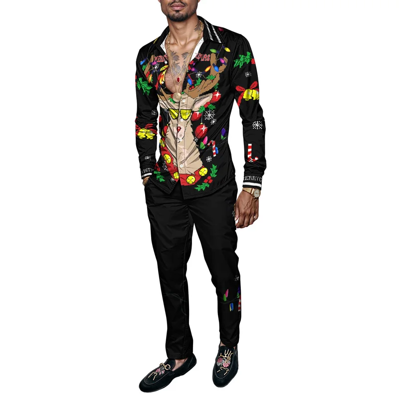 

2025 новый стиль, весна-лето, мужской комплект рубашек с рождественским принтом, модный пряничный человечек, комплект из 2 предметов, мужской легкий снеговик для вечеринки