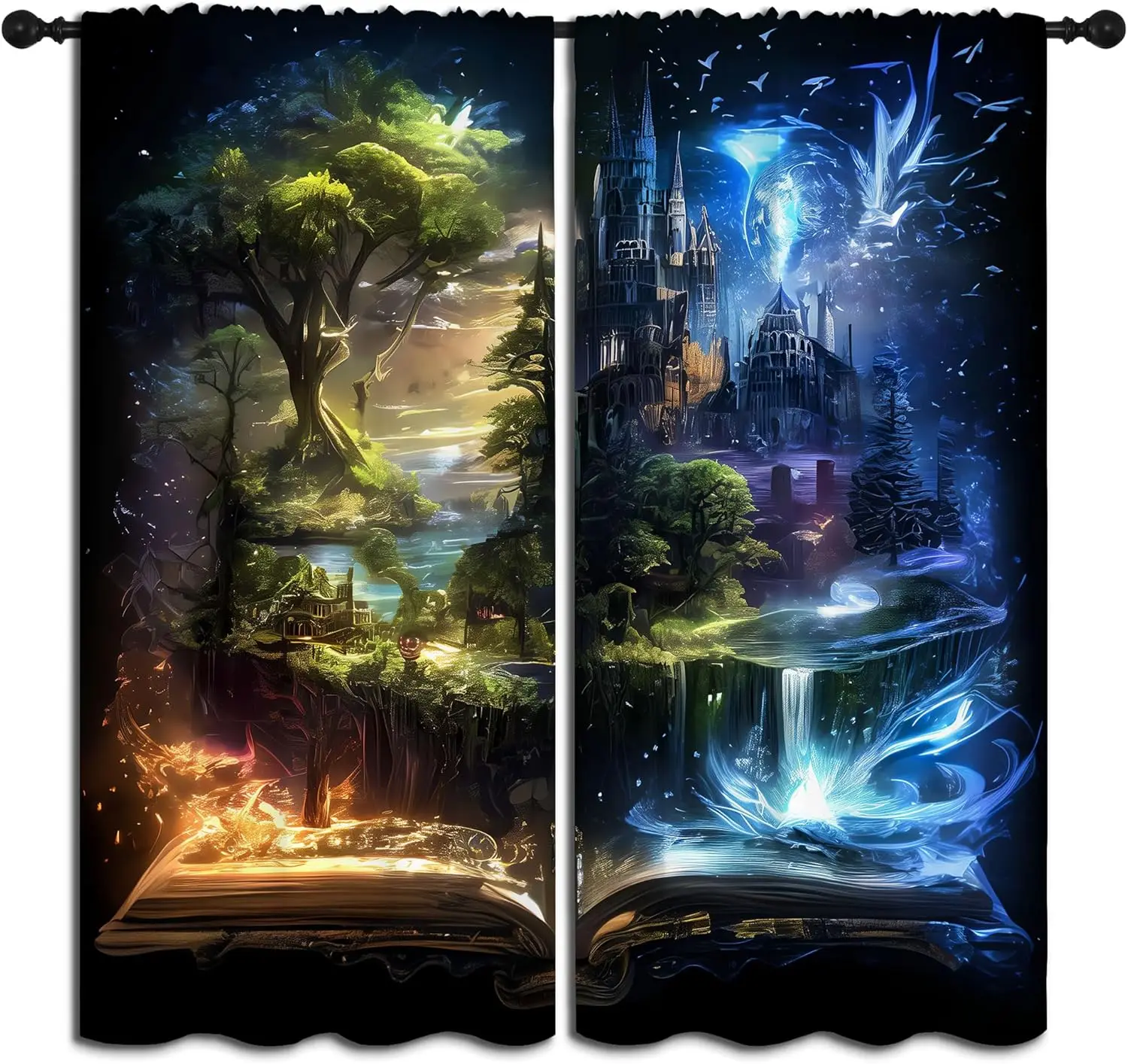 Magic Castle Blackout Curtains for Boys Girl Bedroom Decor,Blue Aurora Mysterious Anime Style Thermal Insulated Rod Pocket