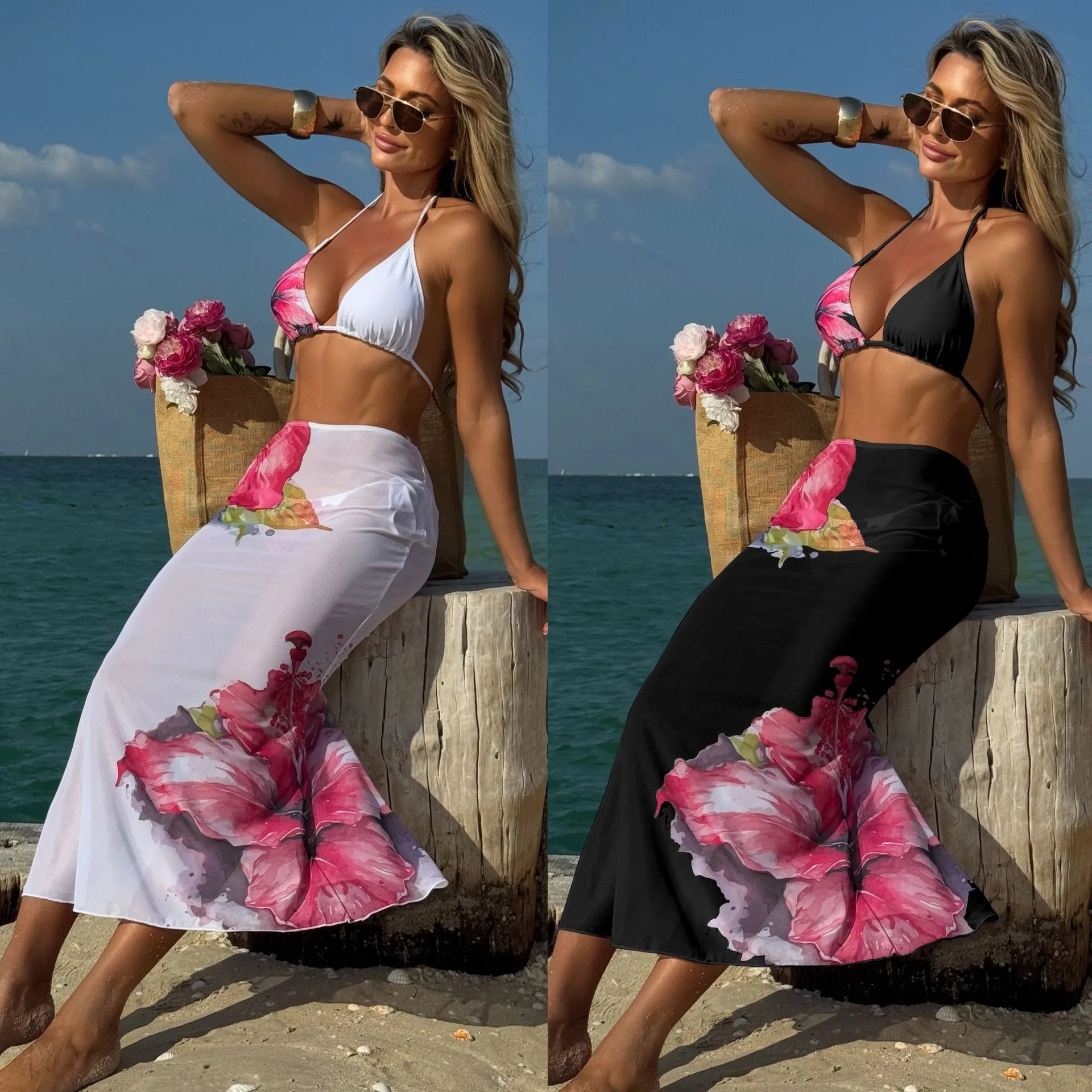 

2026 Bikini Woman Solid Color Top Triangle Bikinis Floral Print Tie Side Bottom Swimwear High Waist Skirt Two Piece Swimsuit