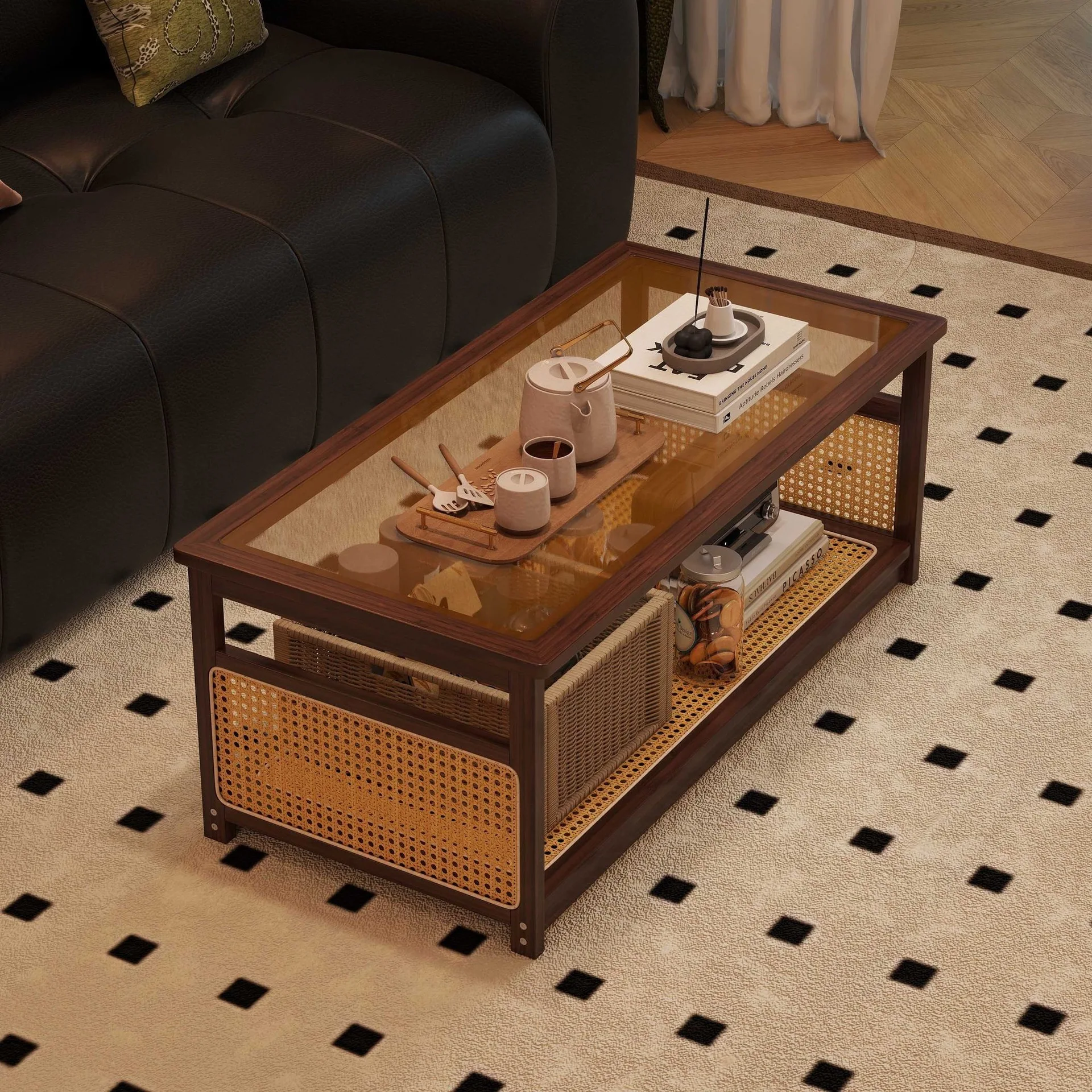 Rattan coffee table living room home new Changhong glass tea table medieval small apartment simple