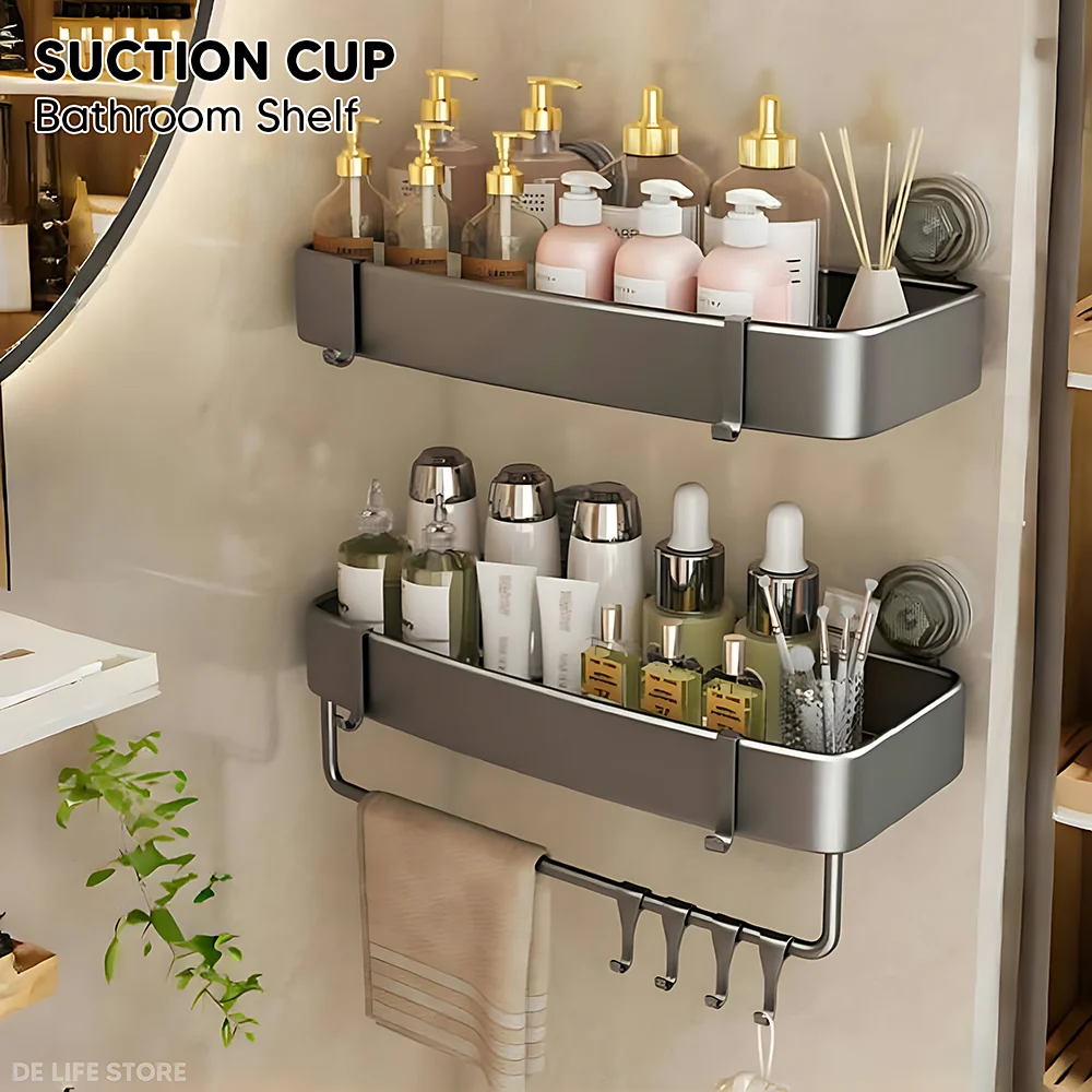 

Bathroom Shelf With Suction Cup Aluminum Corner Shelf Without Drilling Wall-Mounted Gray Bathroom Organizer Bathroom Accessories