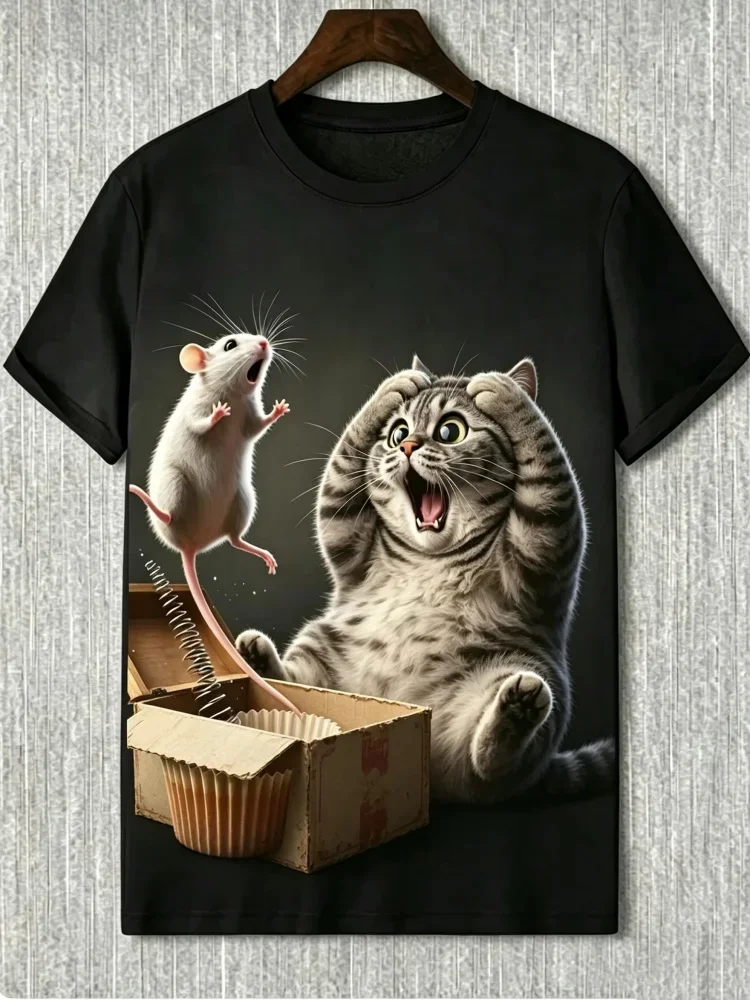 Funny 3D Mouse Frightened Cat Print Men's T-shirt Fashion Cool Party Personality T shirt Casual Short Sleeve Top Summer Clothing