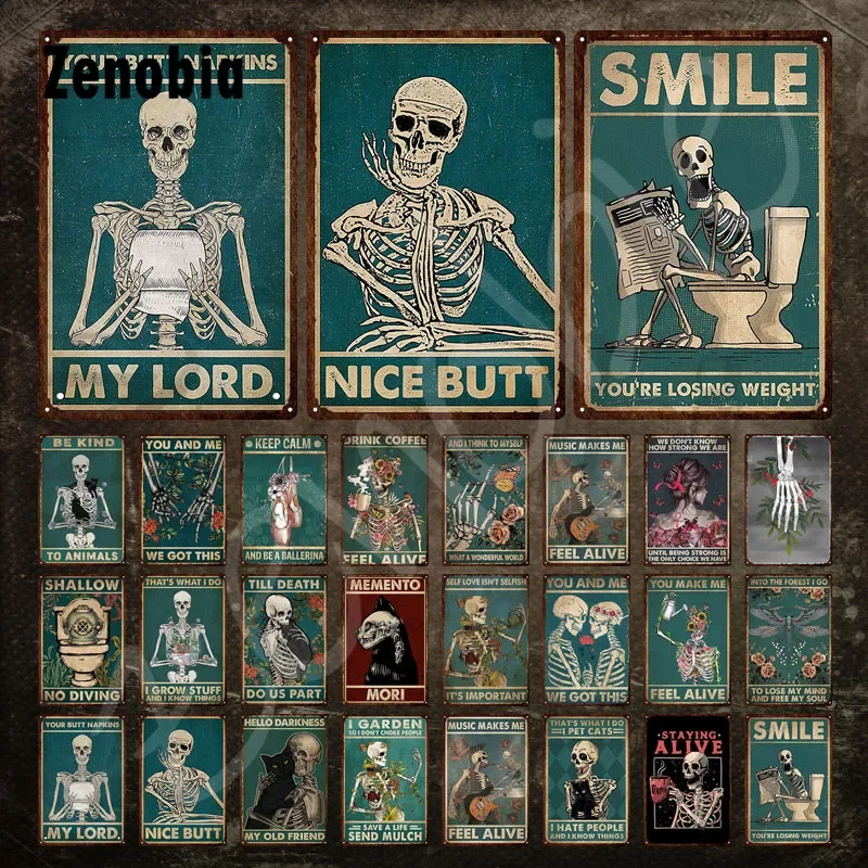 Skull Metal Sign with Text Your Butt Napkins My Lord Vintage Tin Sign Flower Skeleton Funny Metal Plaque Plaque Bathroom Decor
