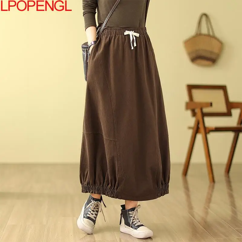 2023 New Woman Autumn Solid Color Washed Literary Vintage Drawstring Streetwear Elastic Waist Temperament A-line Mid-calf Skirt