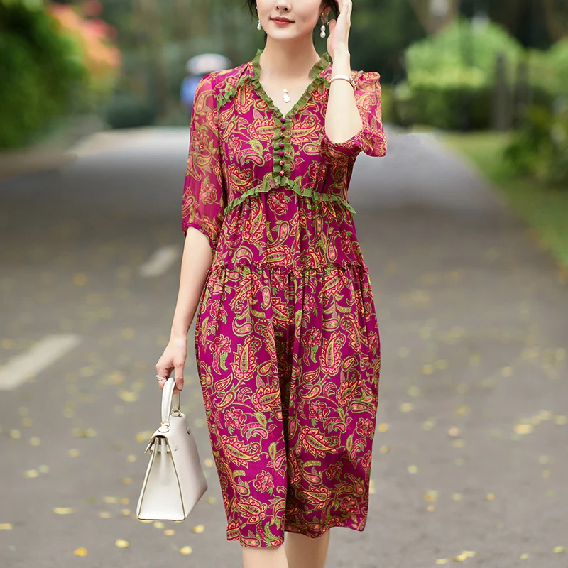 New Summer Vintage Dresses for Women Elegant High Waist V-neck Women's Print Dress 100% Real Silk Woman Holiday Long Dress