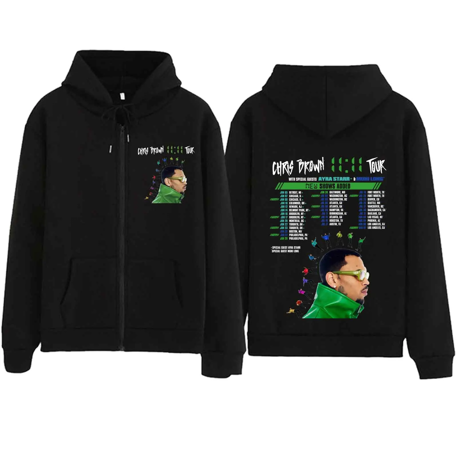 Chris Brown 11:11 Tour 2024 Zipper Hoodie Harajuku Pullover Tops Streetwear Music Fans Gift V-Neck Sweatshirts Printing Casual