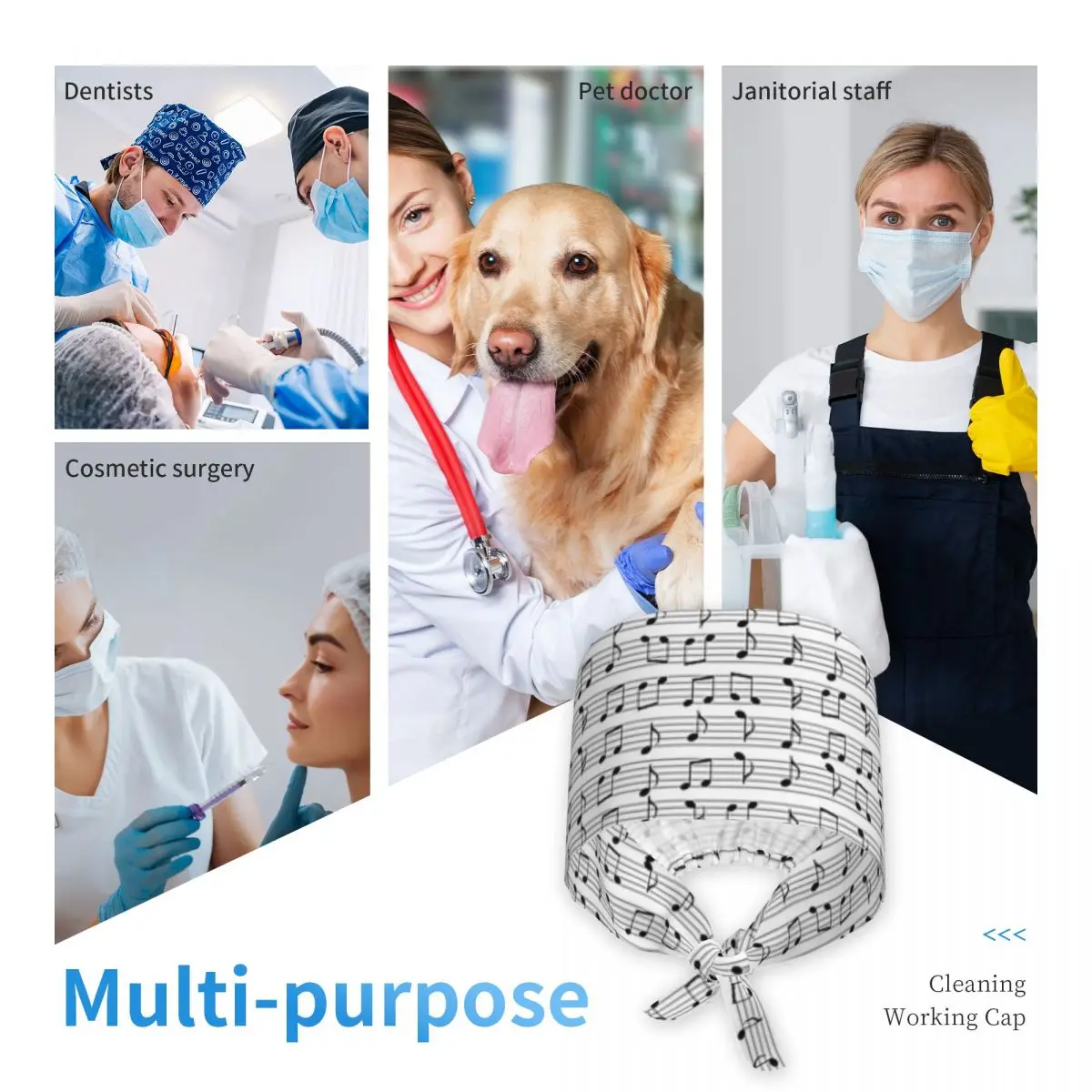 Abstract Piano Keys With Musical Notes Scrub Hat Doctor Working Surgical Cap Men Women Adjustable Nursing Caps for Dentist