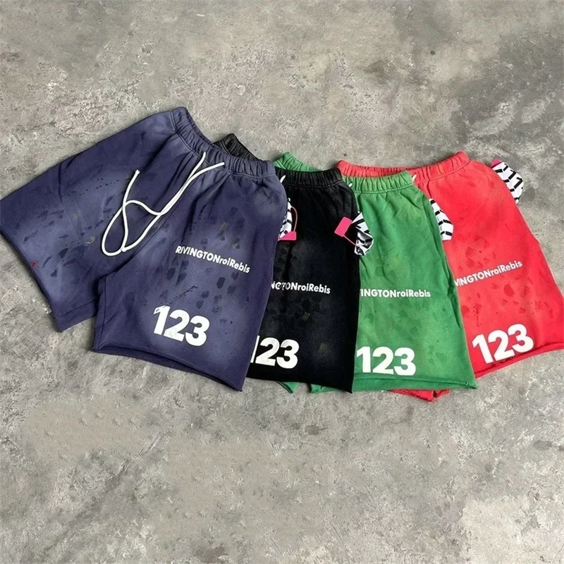 

24ss Black Washed Damaged RRR123 Tie-dyed Shorts Men Women Drawstring Top Quality Oversized Breeches Inside Tag