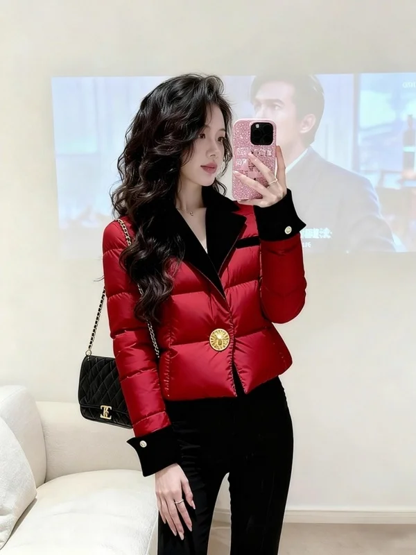 

Cisas New Year Red Color Blo Thiened Women's Cotton Jaet Korean Sle Loose Fit round Ne Zipper Closure Long Sve