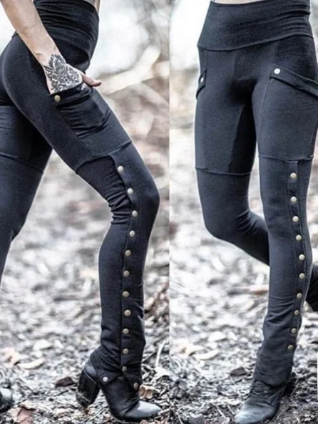 Stylish Ladies' Rivet Split Sexy Design Slim Fit Elastic Pocket Decorative Pencil Pants High Waist Cotton Polyester Blend