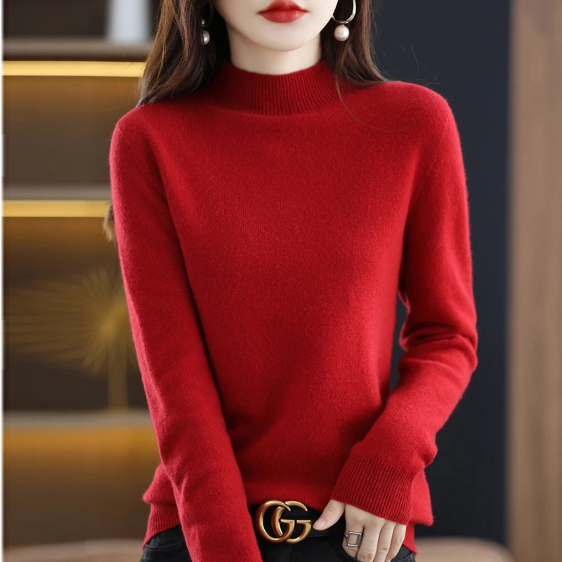 100% Pure Wool Half-neck Pullover In Autumn And Winter New Cashmere Sweater Women\'s Casual Knit Top Women\'s Coat 19 Colors