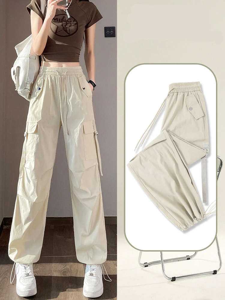 

Ice Silk Work Trousers Women's High Waist Summer Thin Straight Leg Casual Pants Quick Dry Cargo Pants Foldable Pockets