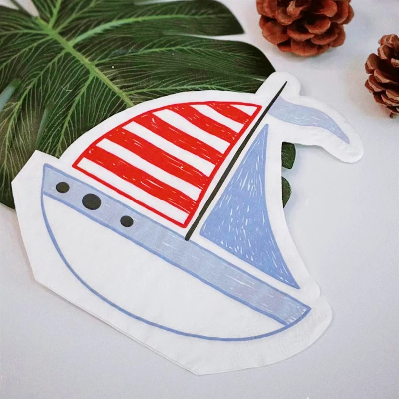 20Pcs/Bag Blue Sailboat Decoupage Paper Napkins Cute Cartoon Paper Serviettes for Xmas Kids Birthday Party Tableware Decor