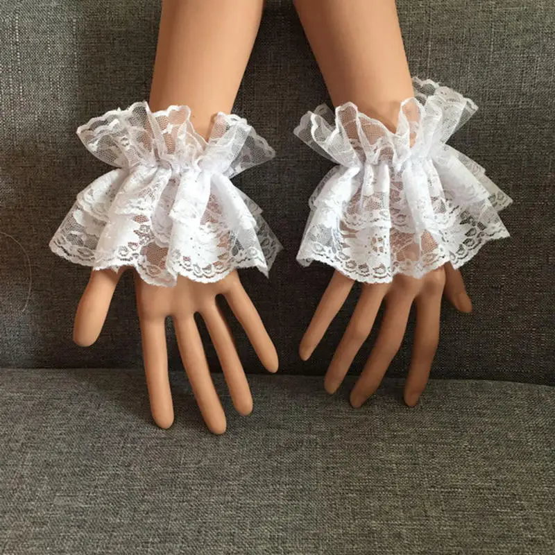 1Pair Lolita Hand Sleeve Wrist Cuffs Ruffled Floral Black Lace Elastic Bracelet Elegant Women Girls Wrist Warmers Gloves Gift image 2