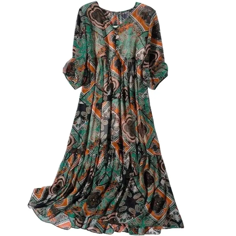 Nueva moda Primavera Verano versión coreana Retro Floral vestido de gasa mujeres temperamento Casual cuello pico vestido de fiesta Mujer Vestidos