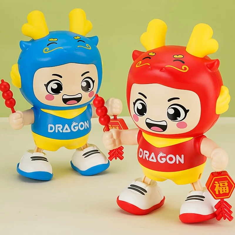 Giocattolo drago animato con luce e musica, mascotte dello zodiaco cinese, decorazione del festival, oggetto per feste per bambini, rosso/blu