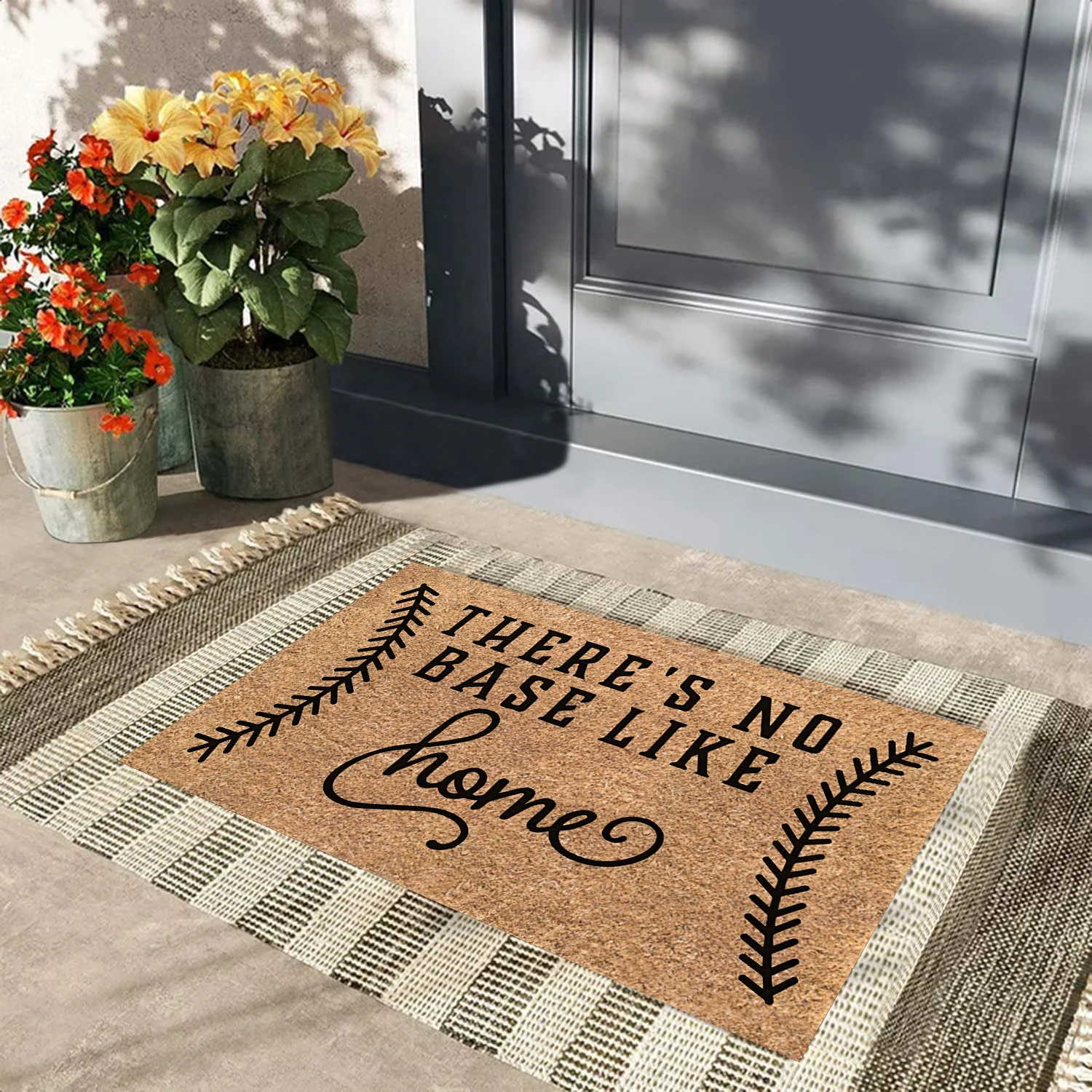 Baseball Sports Doormat，There’s No Base Like Home, Welcome Mats Commercial Use,Non Woven Top Rubber Backing Anti-Slip Door Mats