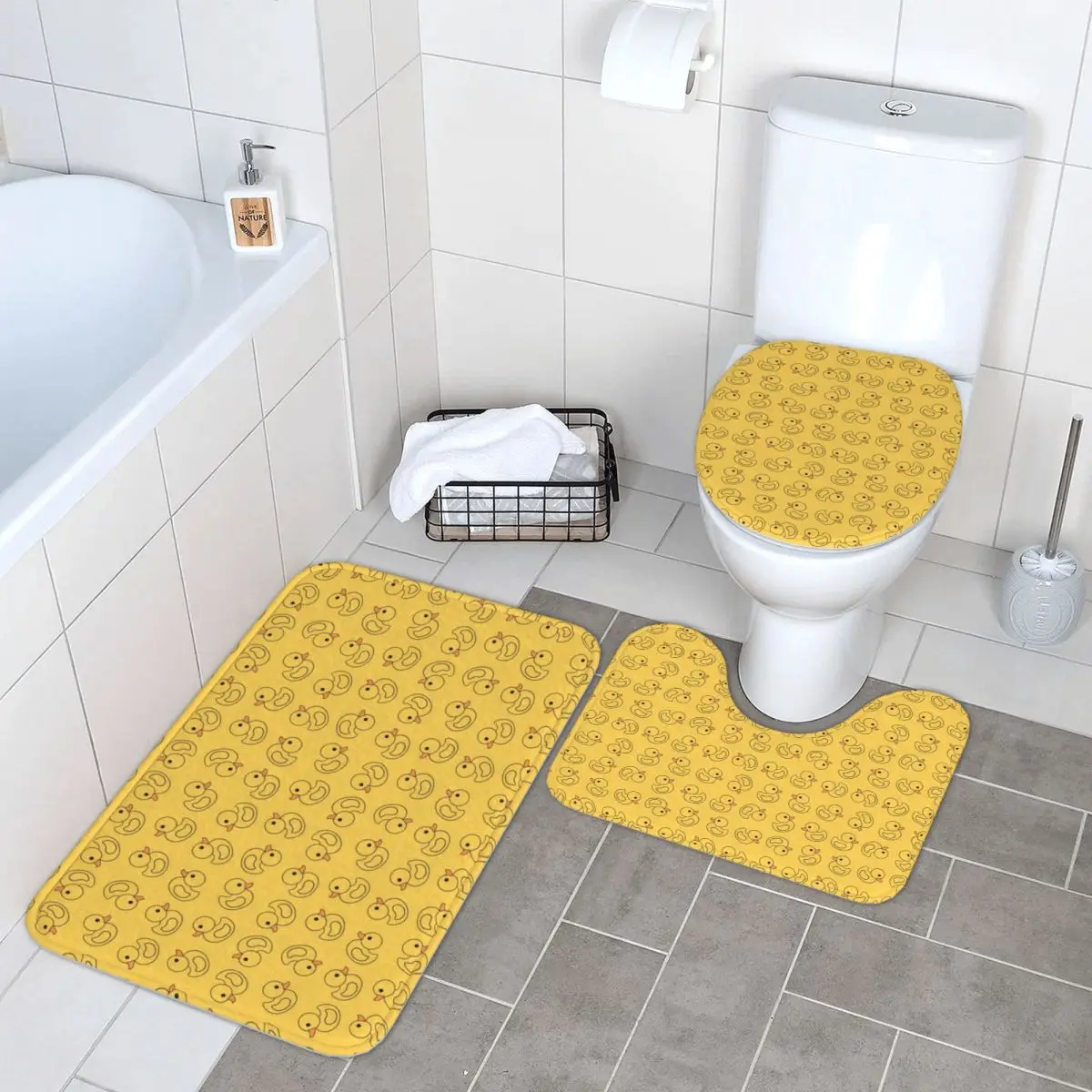 Custom Yellow Rubber Duck 3 Piece Bathroom Rugs Cartoon Animal Pets Non Slip Absorbent Toilet Bath Mat Set