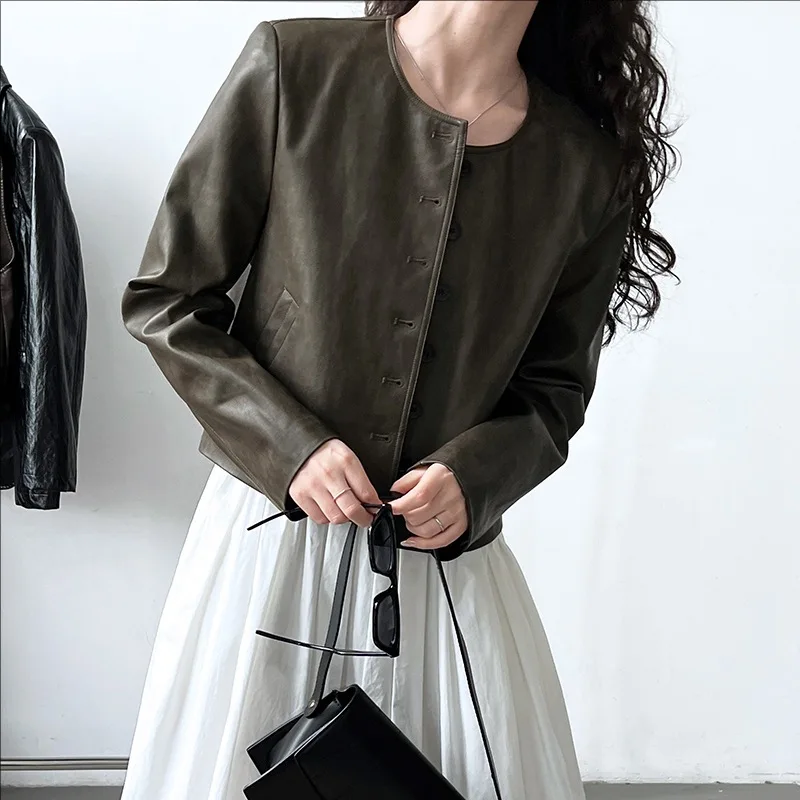 

Autumn and winter new casual o-neck PU leather jacket women's green single breasted coat