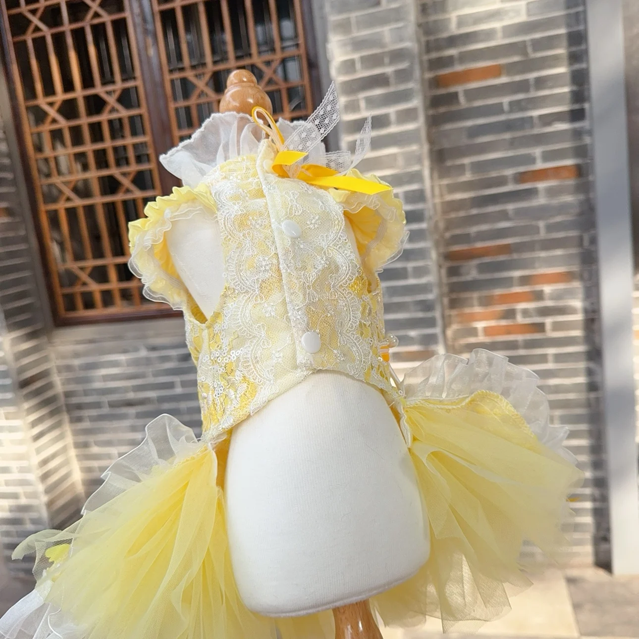 2024 Summer New Pet Dog Clothes Handmade Print Chineses Style Sequin Bow Princess Dress For Small Medium Dog Puppy Yellow Coats