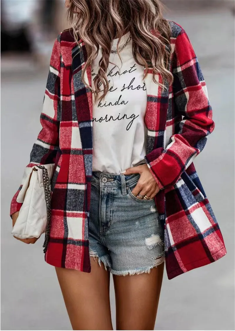 2023 European and American Women\'s Wear Autumn/Winter Long Sleeve Polo Collar Loose Plaid Thickened Woolen Coat