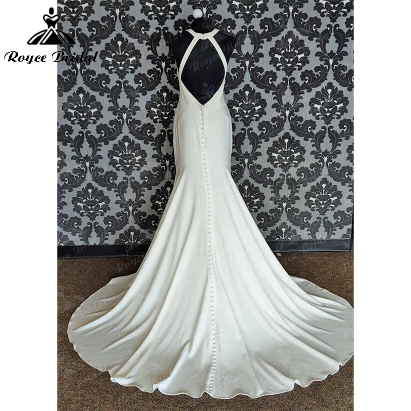 Robe de mariée sirène Simple pour femmes, Sexy, col licou, sans manches, boutons, dos nu, en Satin doux