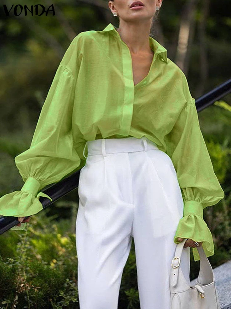 

VONDA Women Elegant Office Lady Shirts OL Fashion Blouse Long Sleeve Casual Solid Tunic Tops Autumn Buttons Blusas Plus Size 5XL