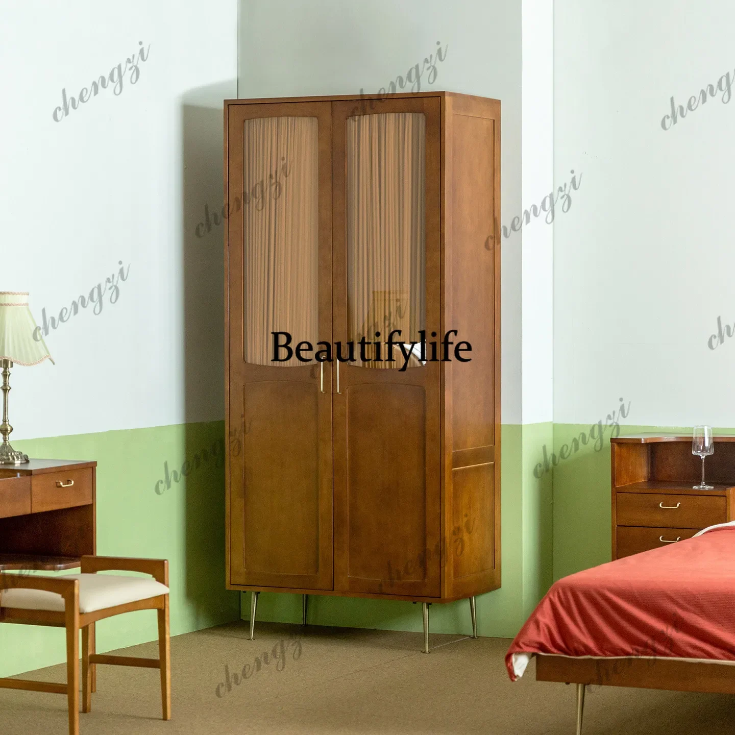 Double-sided cabinet door Log color rubber wood wardrobe Bedroom home, Nordic Japanese style, office wardrobe b567