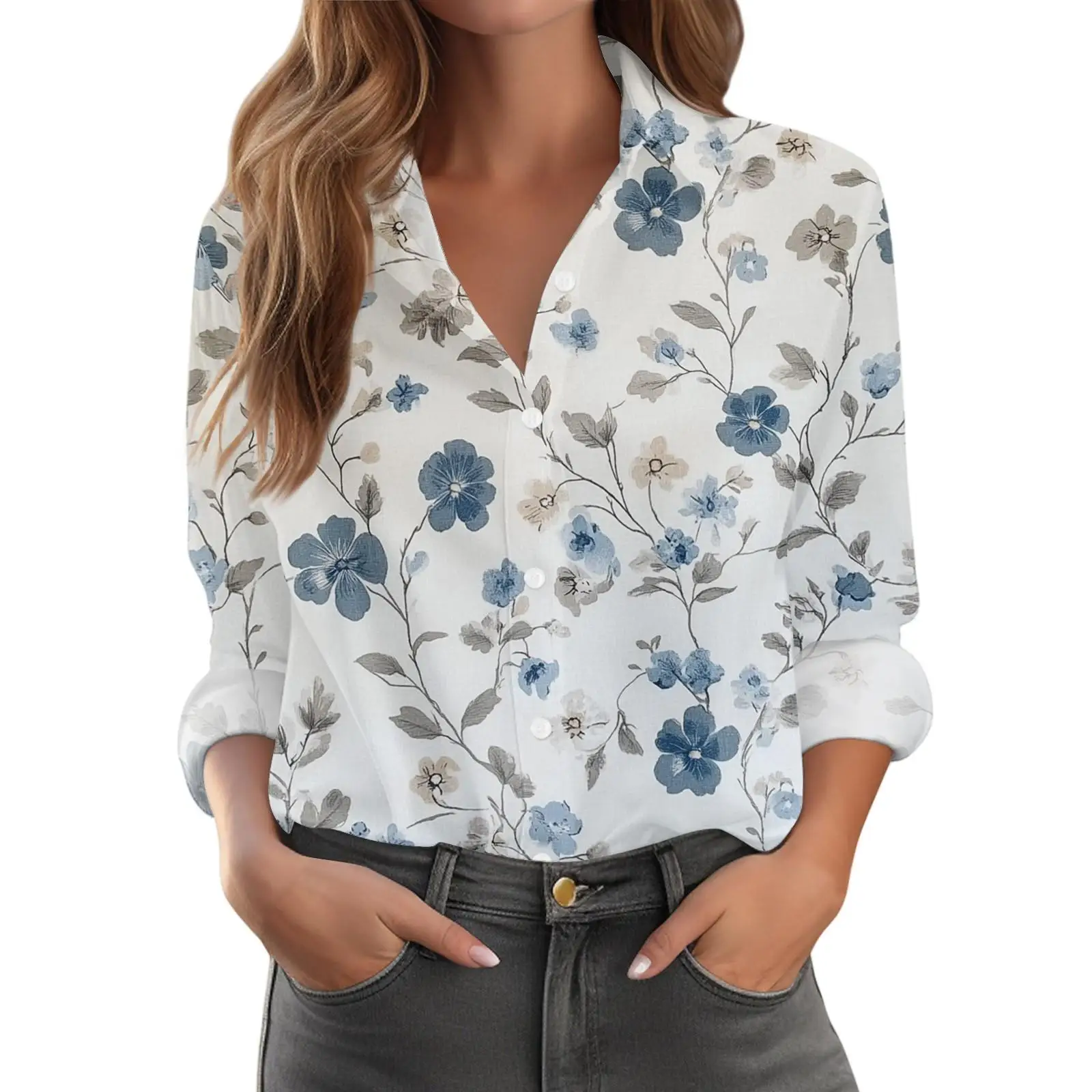 Koszule damskie w kwiatowe wzory z długim rękawem, z kołnierzykiem, codzienne, eleganckie bluzki na wiosnę i jesień, styl do pracy, koszula damska