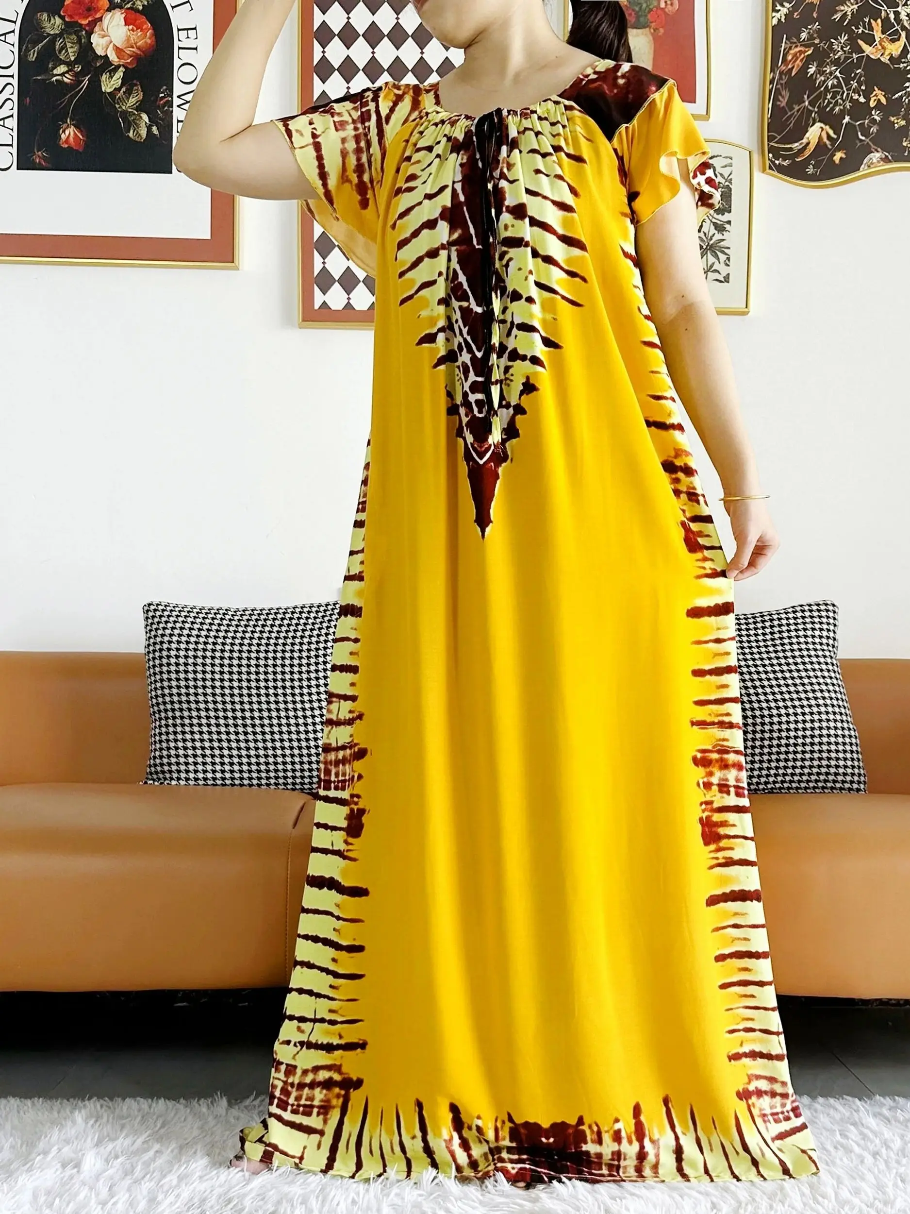 Abaya for Women African Lady Short Sleeve Loose Dress Solid Cotton Boat-Neck Floral Boubou Maxi Islam Women African Clothes
