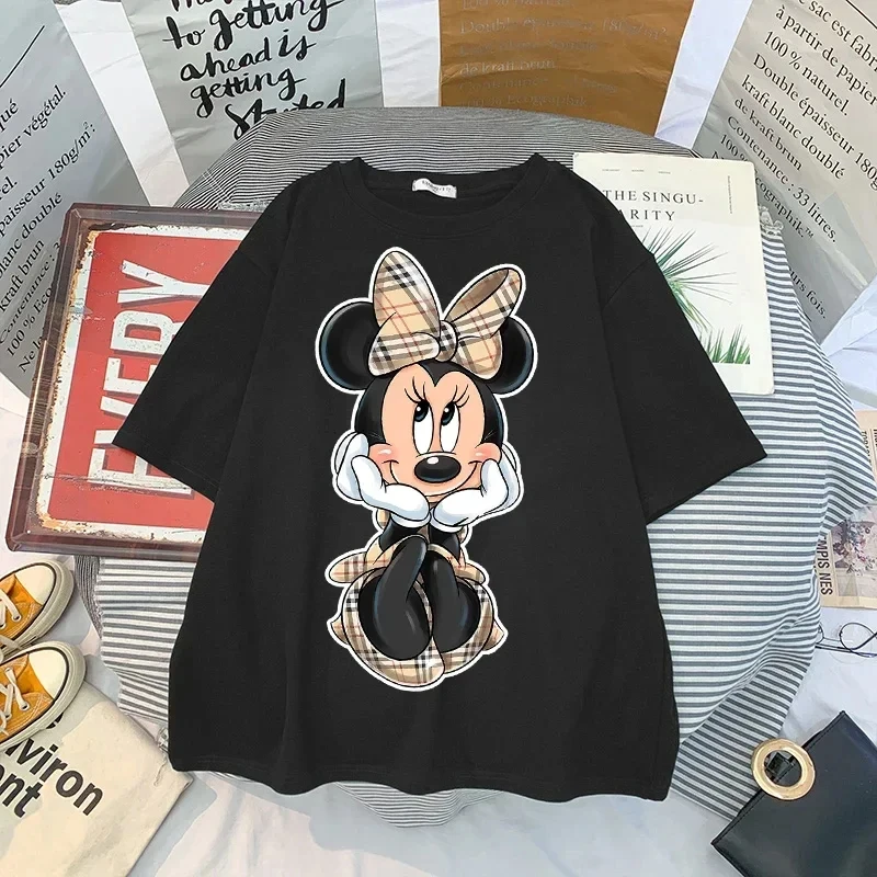 MINISO Fashion Vintage Women T-shirts Cartoon Mickey Minnie Kawaii Top Ulzzang Oversized Kids T-shirt Short Sleeves 90s Y2k