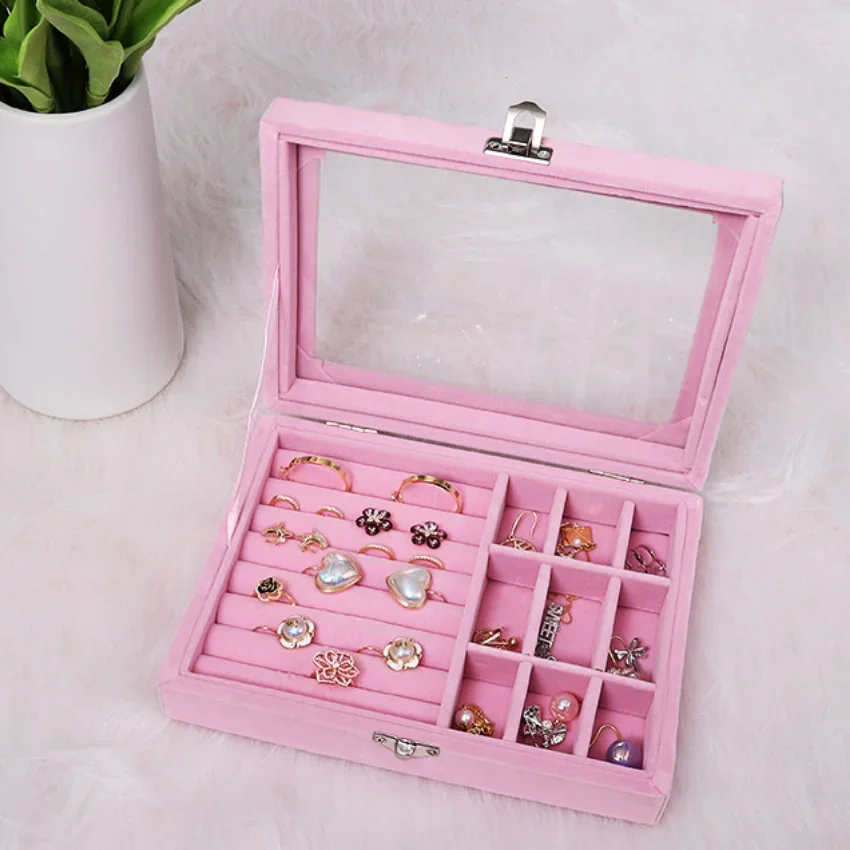 Velvet Pink Carrying Case with Glass Cover Jewelry Ring Display Box Tray Holder Storage Box Organizer Earrings Ring Bracelet