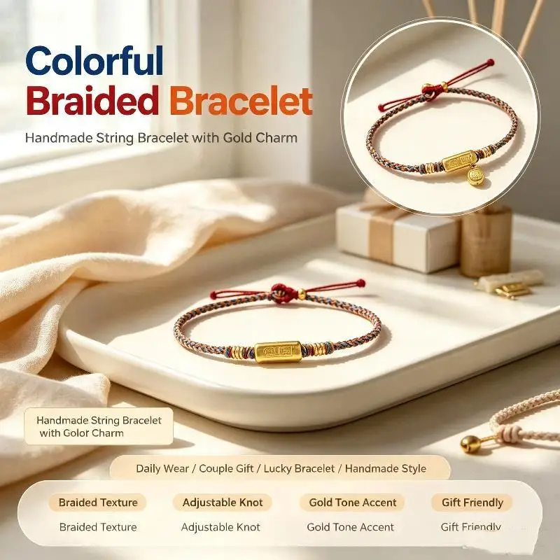 Handmade Lucky Multicolor Braided Bracelet Gourd/Gold Bar Pendant Woven Cord Wristband, Ethnic Jewelry Gift