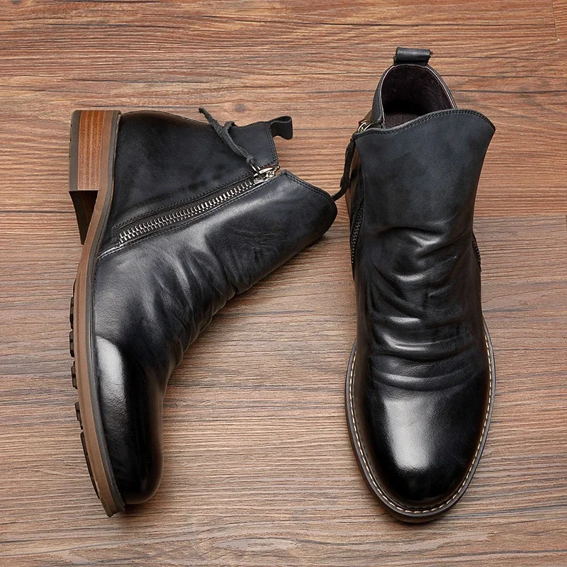 Men Leather Boots 2024 Fashion High-top Tassel Zip PU Leather Shoes Autumn Winter Ankle Boots Mens Boots Plus Size 48