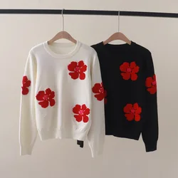 Autumn and Winter New Flocking Flower Embroidered Crew Neck Pullover Long-Sleeved Sweater Versatile Slimming outside Wear Bottom