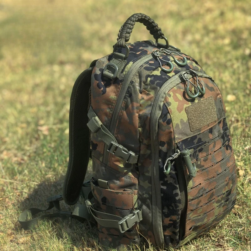 20L Flecktarn Camo Tactical Backpack 550D Nylon Laser Cut MOLLE 15.6 Inch Laptop Bag for EDC Outdoor Hiking Wargame